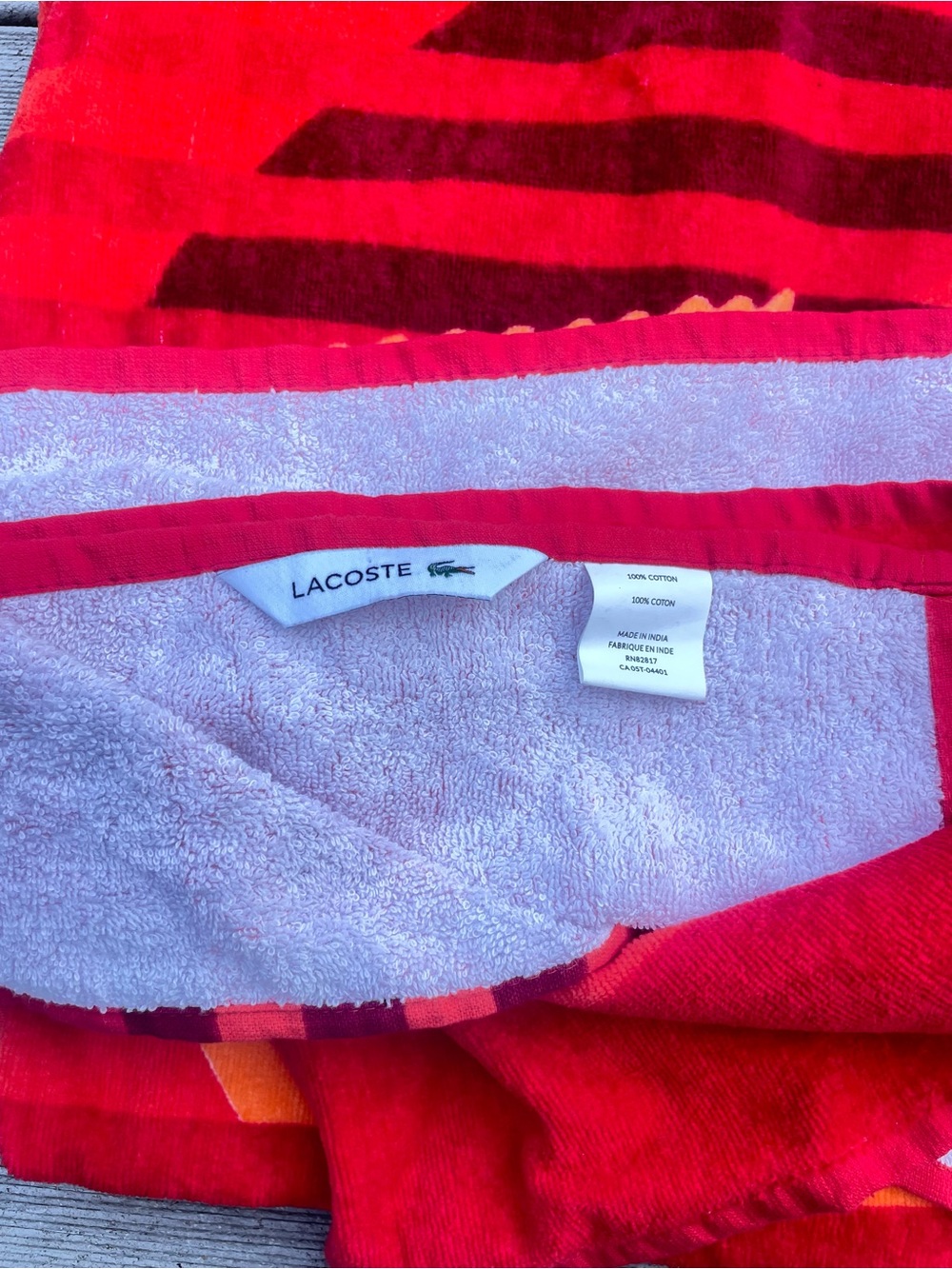 Lacoste Beach Towel Red Orange Stripe print 100% Cotton 36" x 72” NWOT logo - Picture 2 of 4